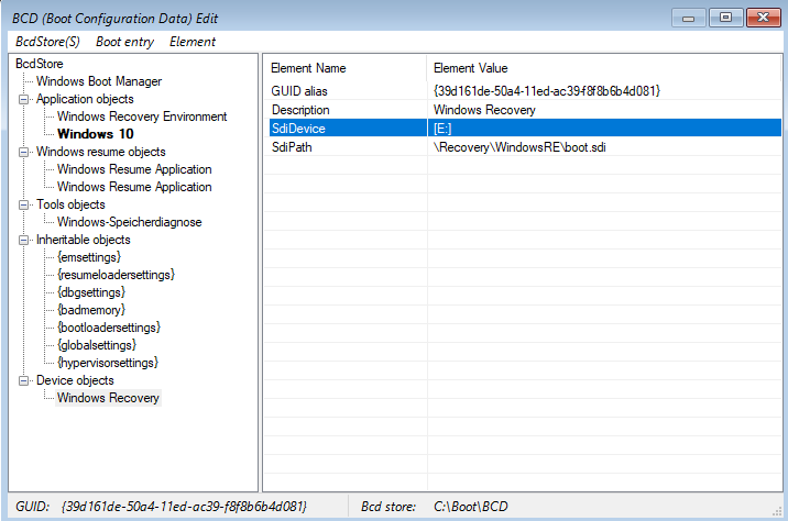 Für das bekannte "Windows 10" und "Windows Recovery Environment" Laufwerksbuchstaben setzen wie gezeigt. Hier nun auch Bei "Device objects" das "SdiDevice" ändern.