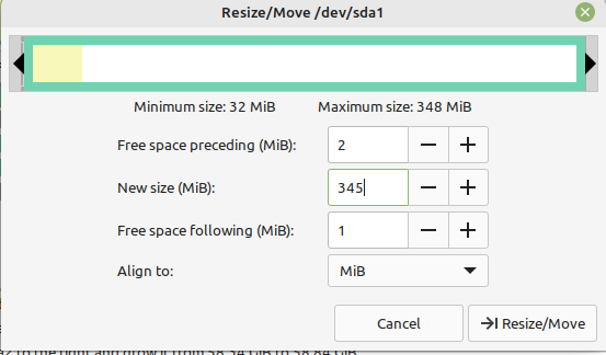 Die alte System Reserviert Partition wird 1MB vom Anfang weg geschoben.
