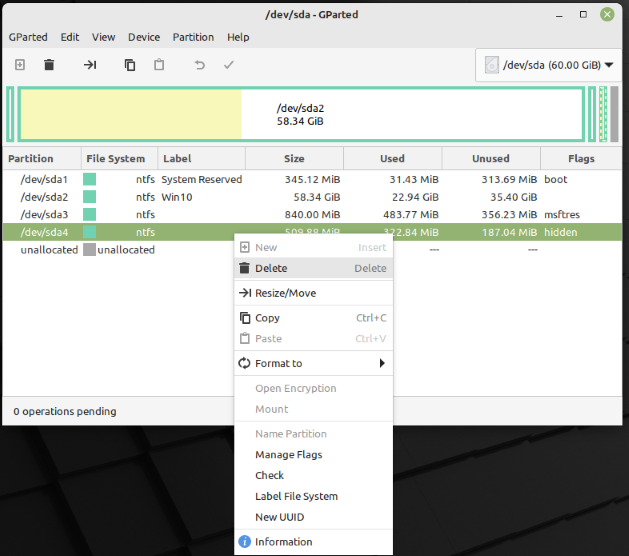Die Partition der Recovery erkennen wir an dem Flag "hidden". Mit rechts klick anwählen und mit "Delete" zum Entfernen markieren