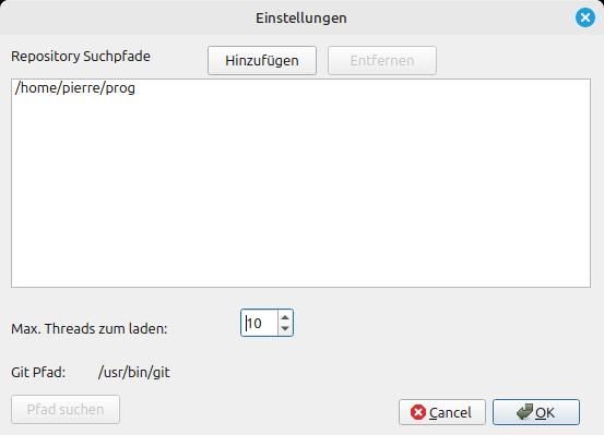 Gitassistant Screenshot der Linux Version (Einstellungen)