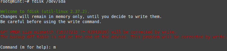 Bild 3: Warnhinweis von fdisk wenn man nach Import es aufruft.