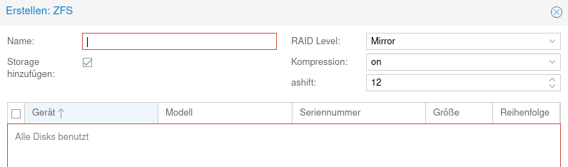 Bild 6: Dialog von Proxmox zum Anlegen eines neuen ZFS