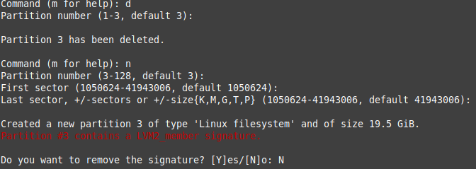 Bild 4: Schritte in fdisk zum Vergößern des LVM PV