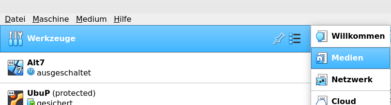 Bild 1: VirtualBox - Menüauswahl Diskauflistung