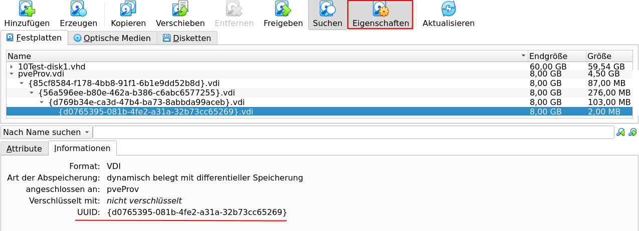 Bild 2: VirtualBox - Anzeige der UUID für die VM Disk zum Konvertieren